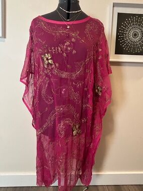 Fuchsia Sheer Embroidered Beaded Kaftan Cover Up Boho Festival Tunic